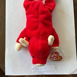 Beanie Baby Snort the Bull by Ty 5-6 inches long with red body and White horns